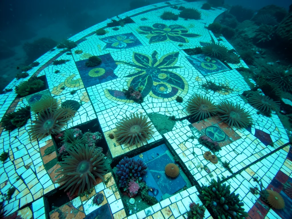 Spanish mosaic pavement continuing underwater, sea anemones growing in tile gaps