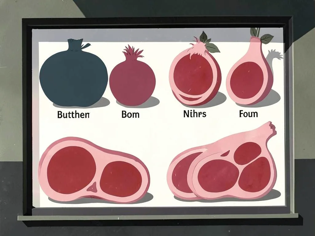 Butcher shop window display — cuts of meat labeled only by shape and color
