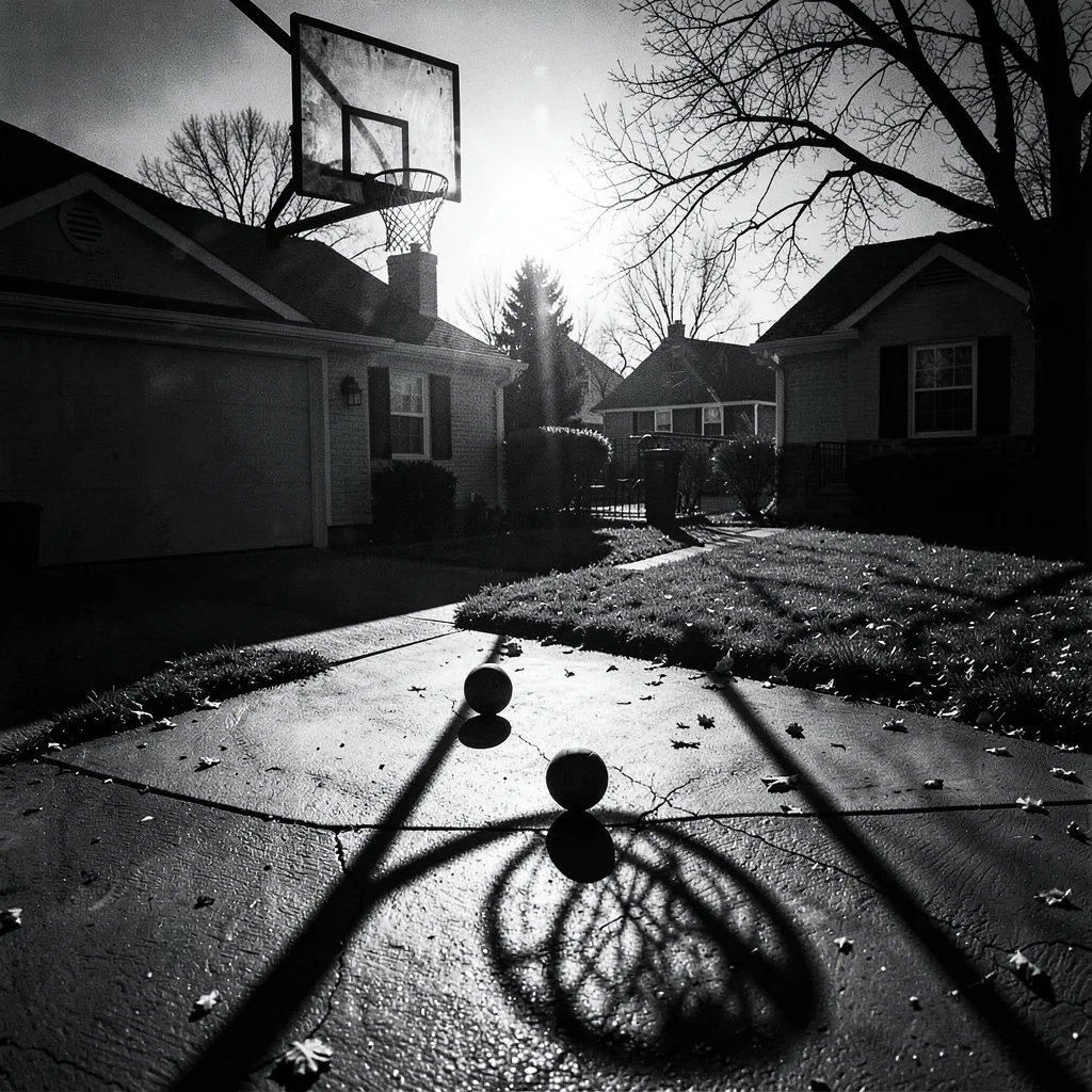 Basketball hoop casting geometric shadow on driveway, abandoned ball, after-scho