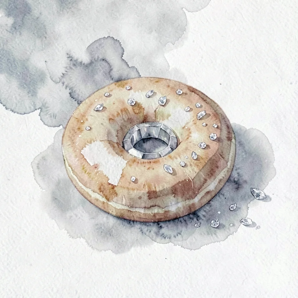 Quiet smoky lowpoly bagel with a faceted ring and a sprinkle of crystalline seed