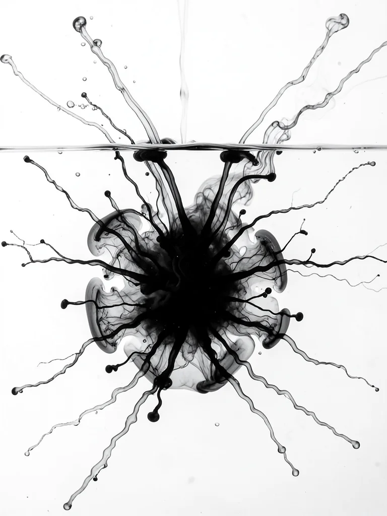 Black ink spreading like diploma calligraphy on wet paper, elegant flow