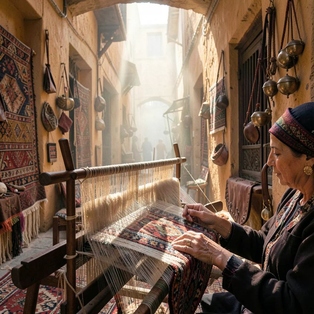 Fes medina light penetration, souk depth, hands of woman weaving traditional car
