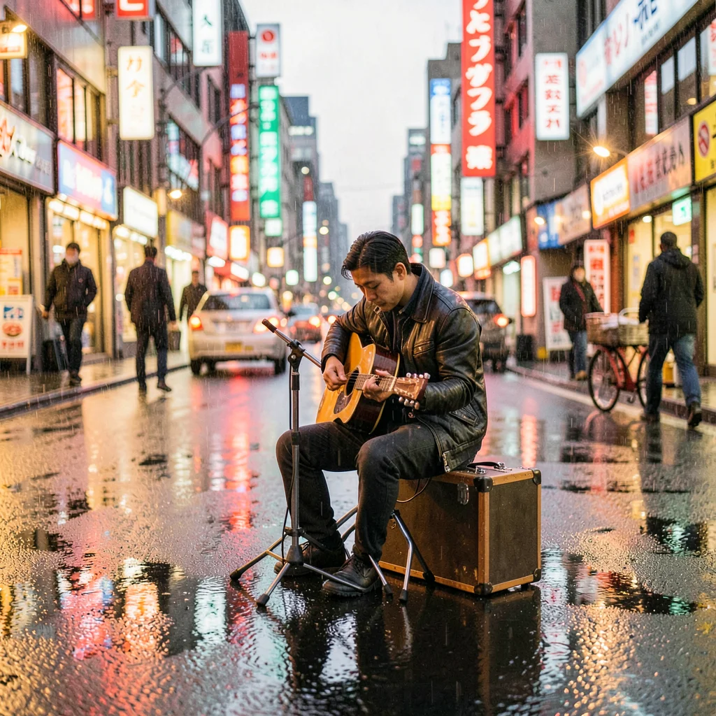 Street musician between songs — sitting on a case, looking down at pavement, cit