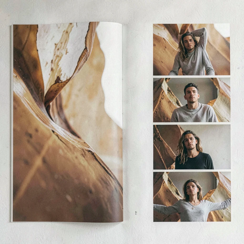 A photographer-portfolio editorial-feature spread with hero abstract image left 