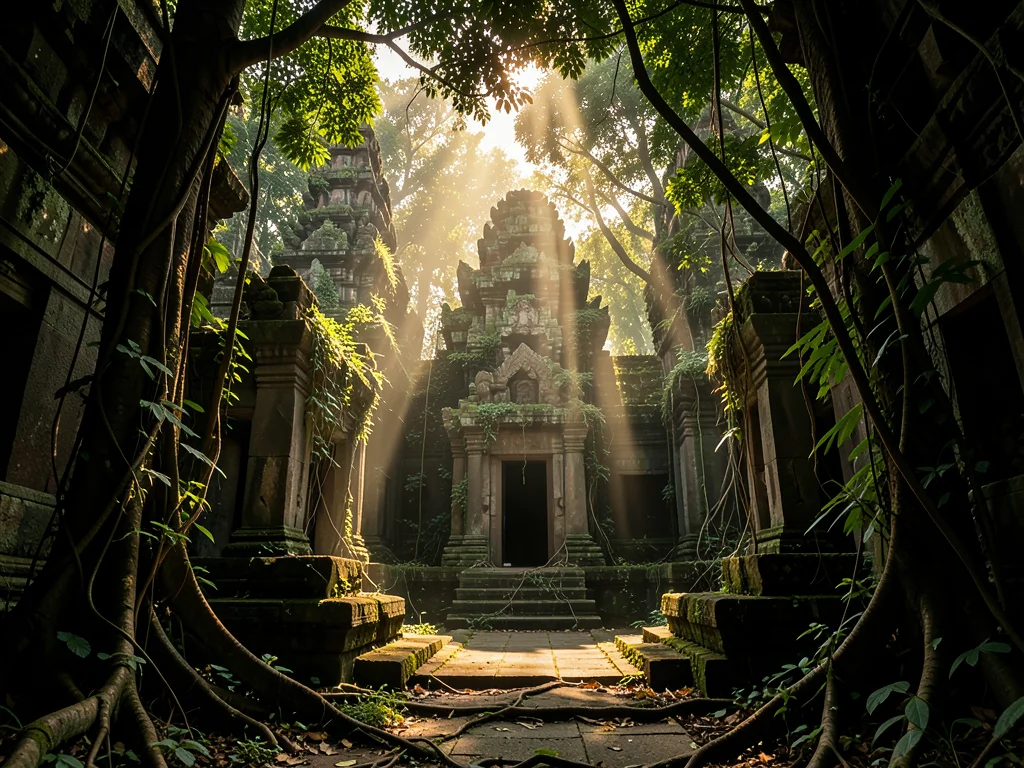 Ancient temple ruins overgrown with jungle vines, shafts of light through canopy