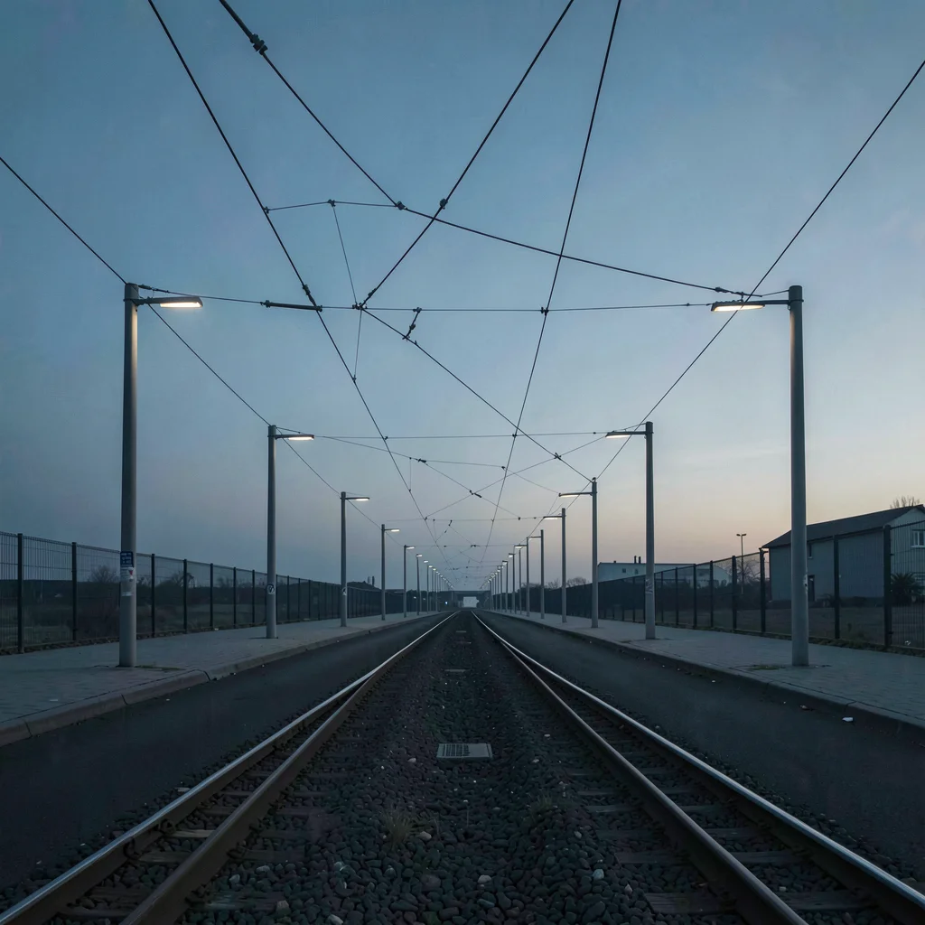 Stark Baltic minimalism, contemplative mood, Tram tracks in empty street during 