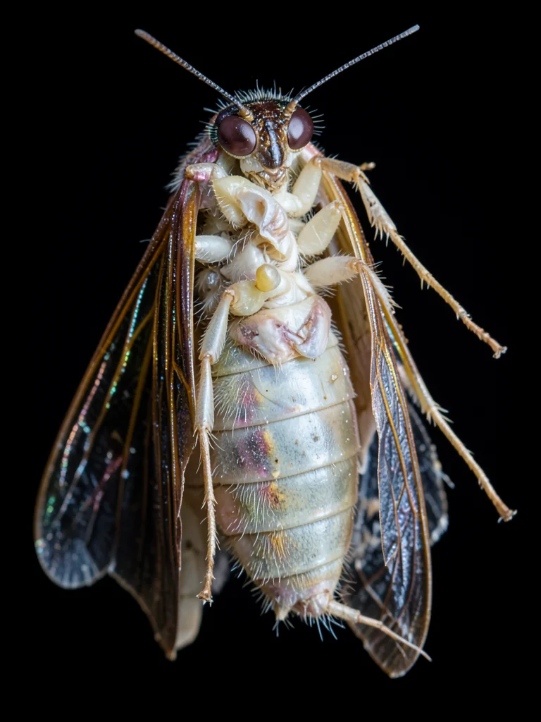 A cicada emerging from its nymph exoskeleton, the new adult still pale and soft,