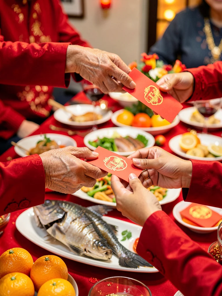 Elder Hands Giving Red Envelope to Child