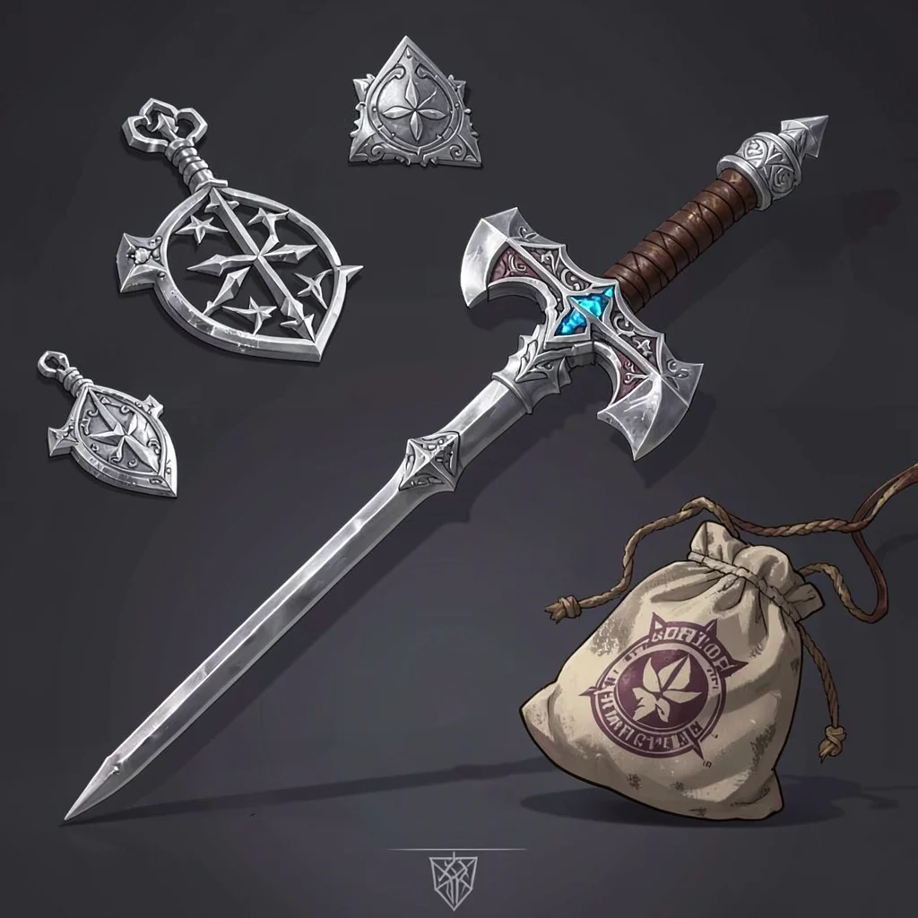 Fantasy weapon illustration, a vampire hunter's silver stake set, holy symbols a