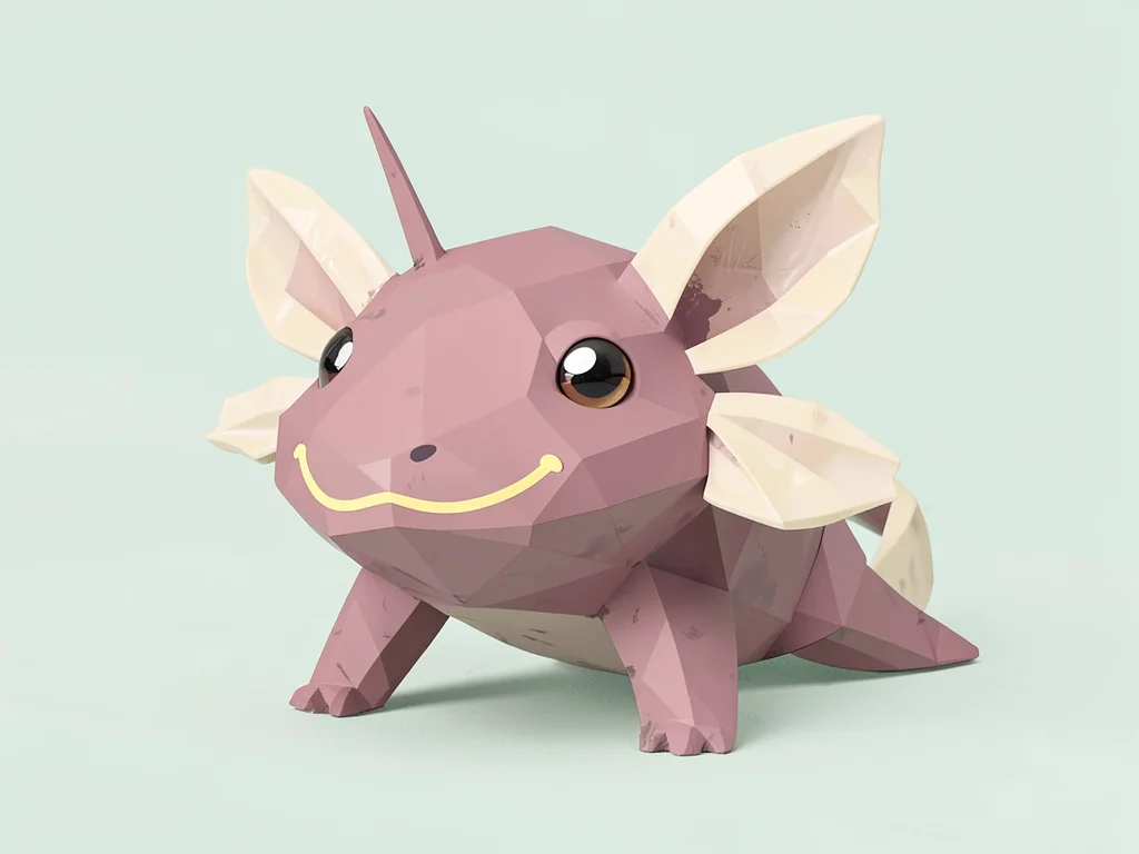 Aquatic dusty-pink lowpoly axolotl with cream gill fronds and a butter-yellow sm