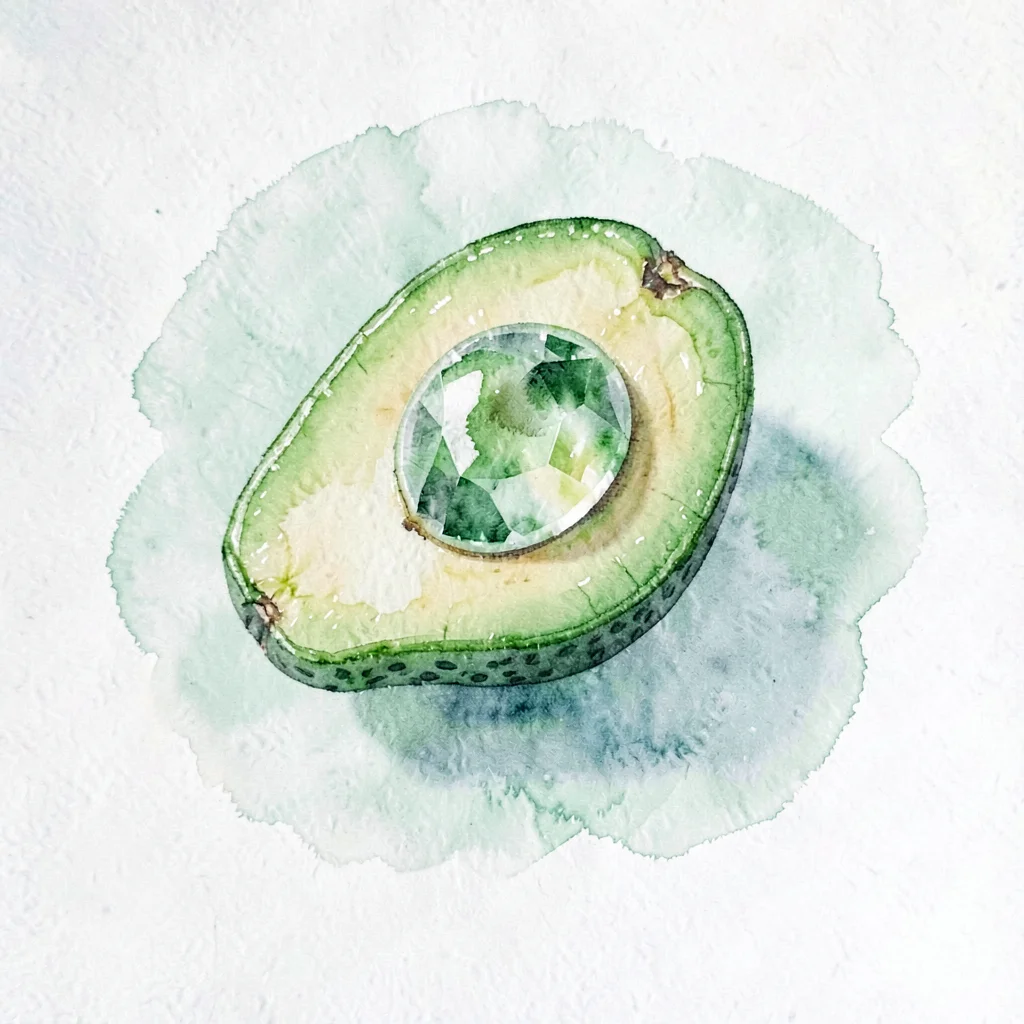 Polished peridot lowpoly avocado halved with a glassy pit and crisp green intern