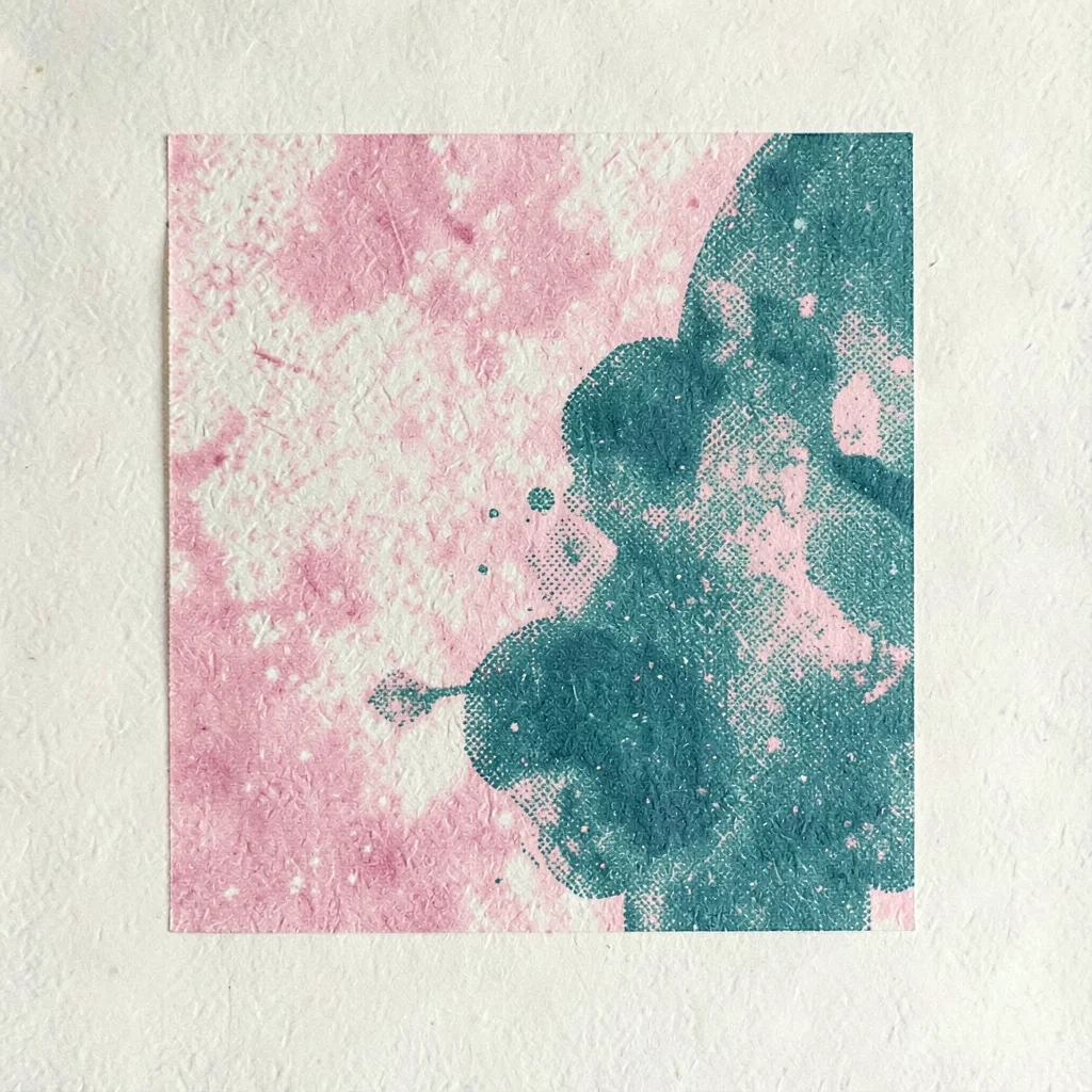 Riso art print of a halftone abstract composition in pink and teal over butter p