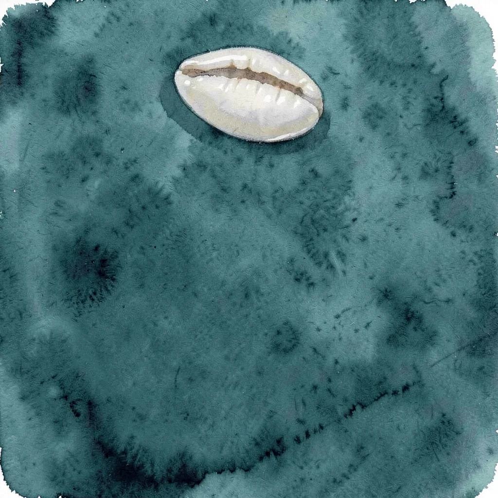 A single cowrie shell sits in the upper-edge in soft pearl against deep teal, it