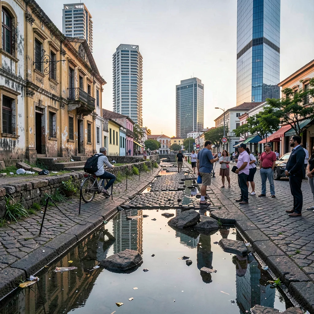 Casco Viejo restoration meeting modern Panama City, Cobblestone street in Casco 
