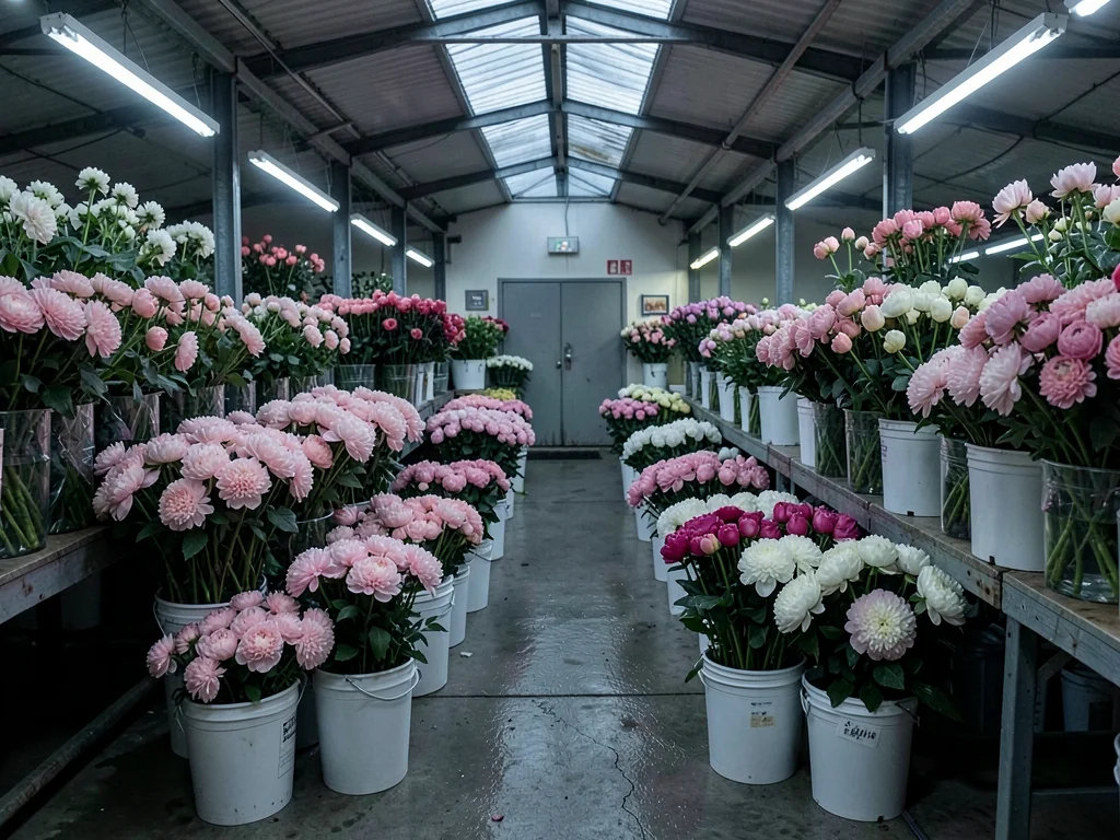 Peony Buckets Lining Market Aisle