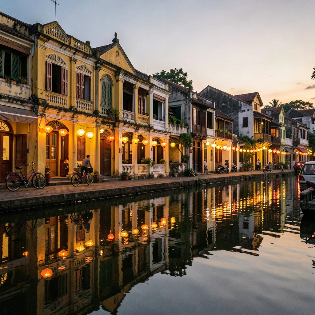 Hoi An lantern glow, silk amber on water, bicycle with lanterns attached passing