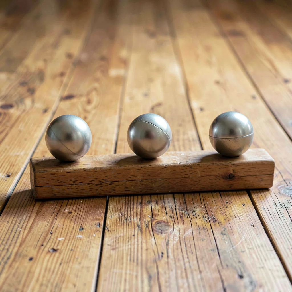 Portrait of a wooden floor with a balance beam and three juggling balls placed n