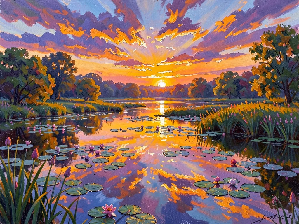 Sunset reflected across a lily pond, broken bands of orange and violet