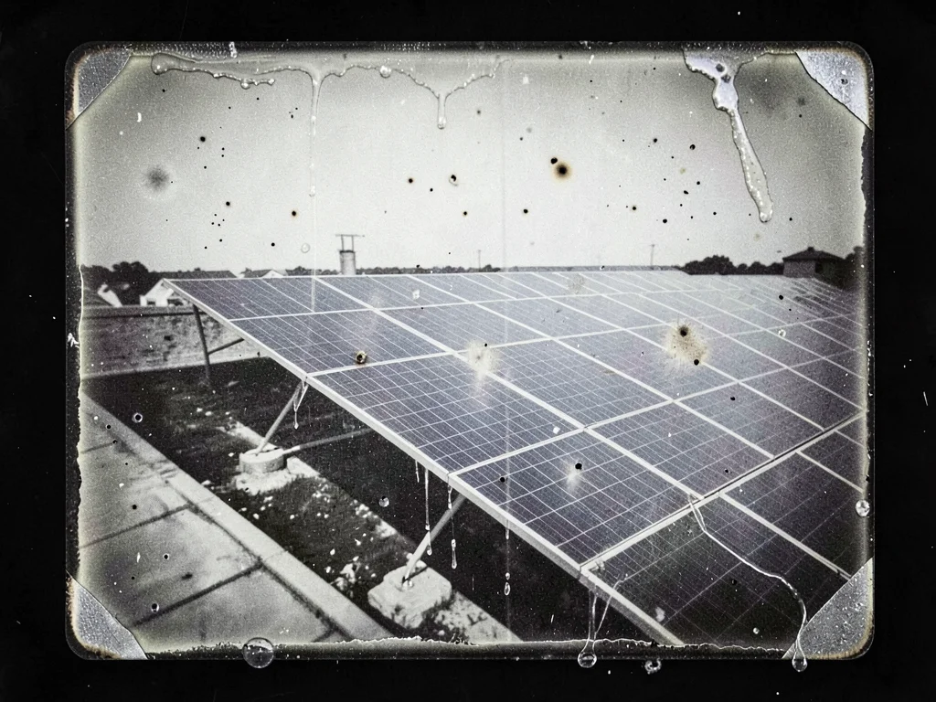 Solar panel array on rooftop, cells gleaming, wet plate collodion dust spots sca