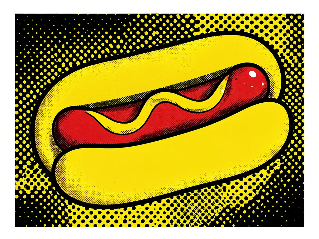 Hot dog in a bun, bright mustard yellow, flat red condiment, halftone ground