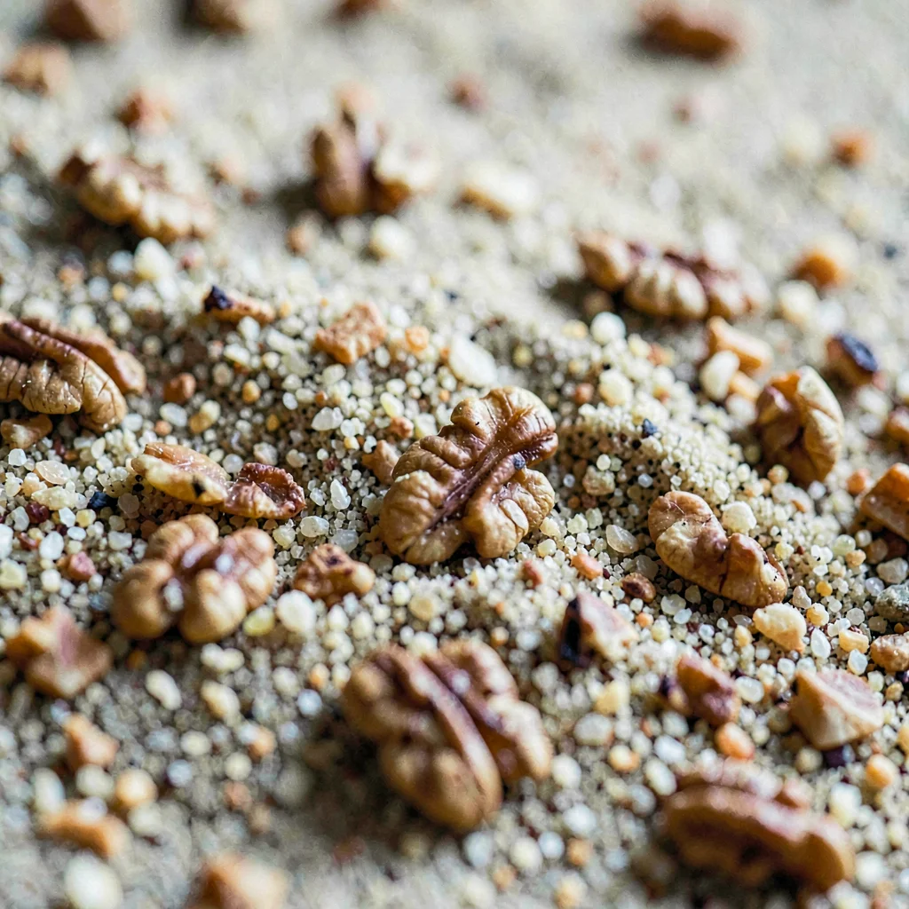 Macro of a substrate mix of fine playsand and crushed walnut, individual grains 