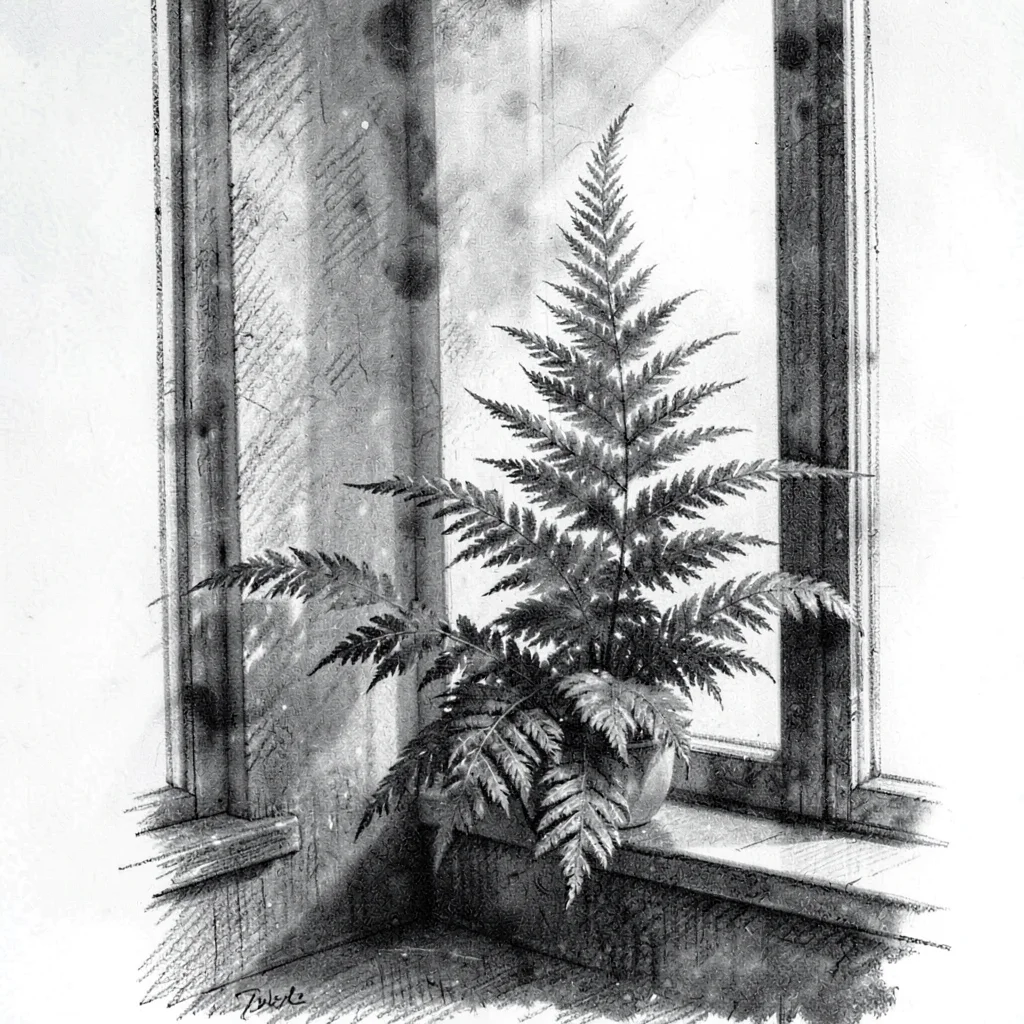 Vertical charcoal scene of a tall fern by a window, smudgy haze