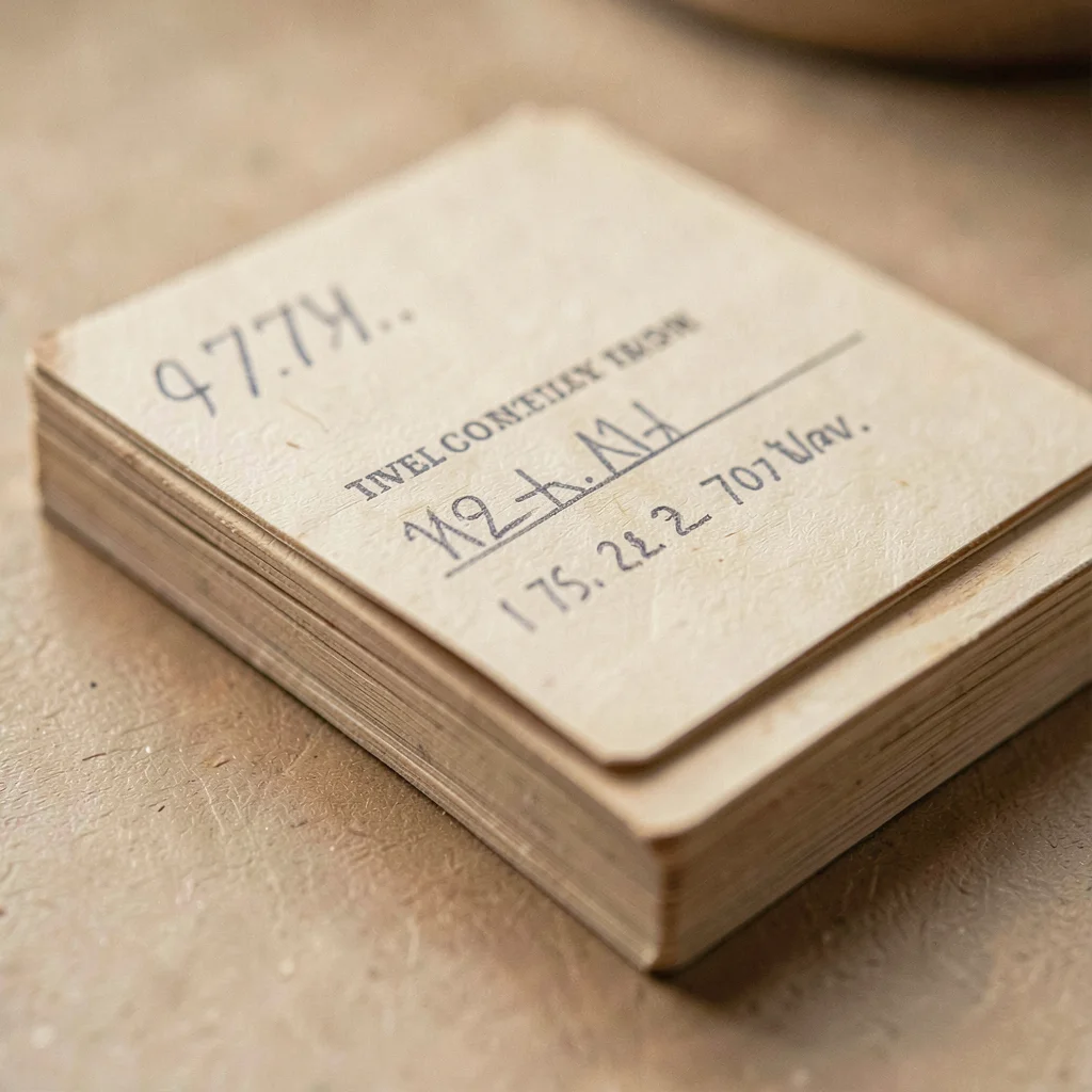 Paper-texture macro of a stack of pencilled inventory cards