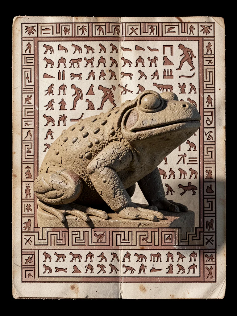 Stone frog sculpture — crouching form, carved surface texture, side-lit