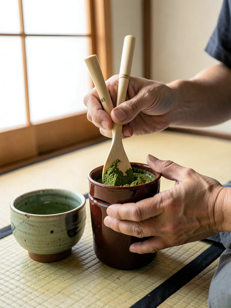 Chashaku bamboo scoop measuring matcha