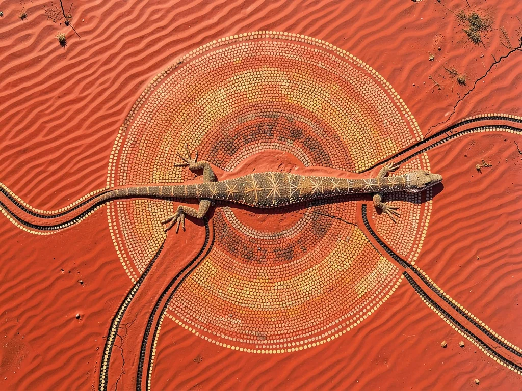 Sand ripples crossing red desert floor, aerial view, serpentine tracks of a liza