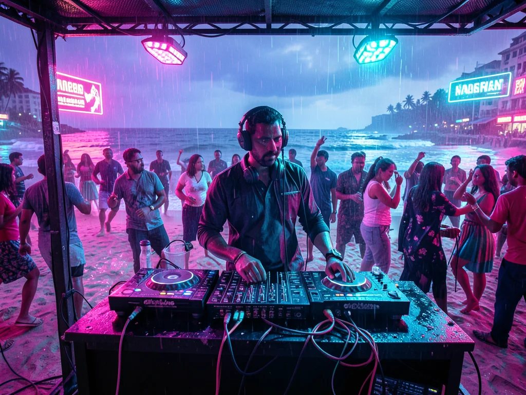 DJ booth at beach party, neon lighting, crowd dancing, ocean behind