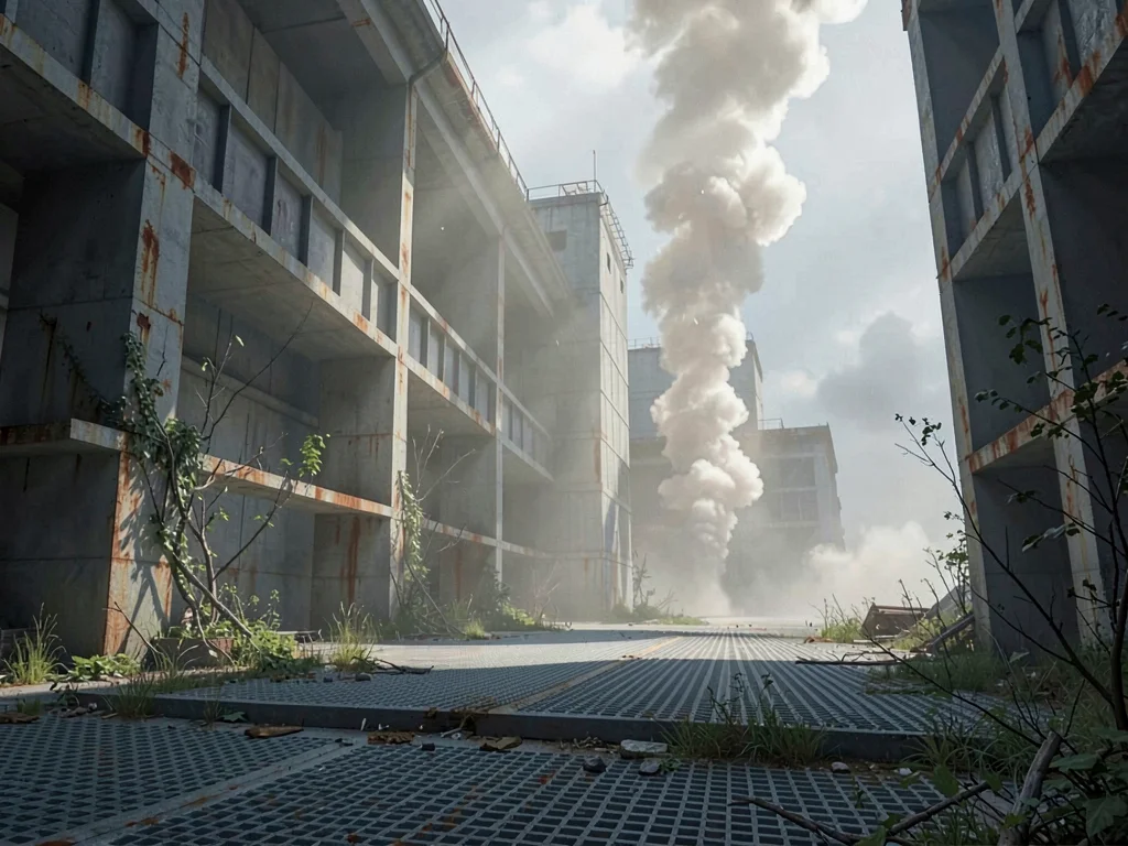 Power station turbine hall end view with dust columns swirling slowly through a 