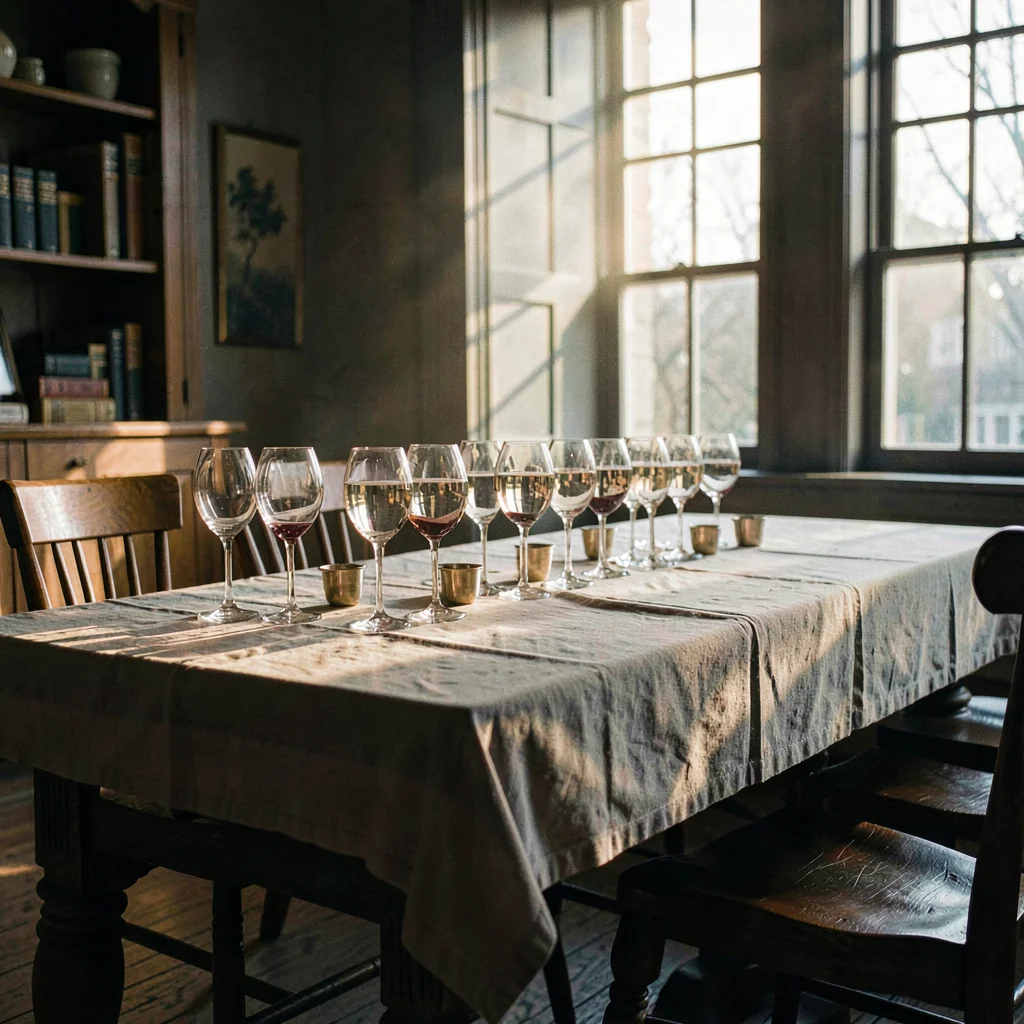 Atmospheric tasting room at the academy, long oak table with a row of stemware a