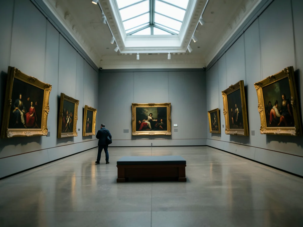 A gallery of old master paintings, gilded frames, a bench in the center, a singl