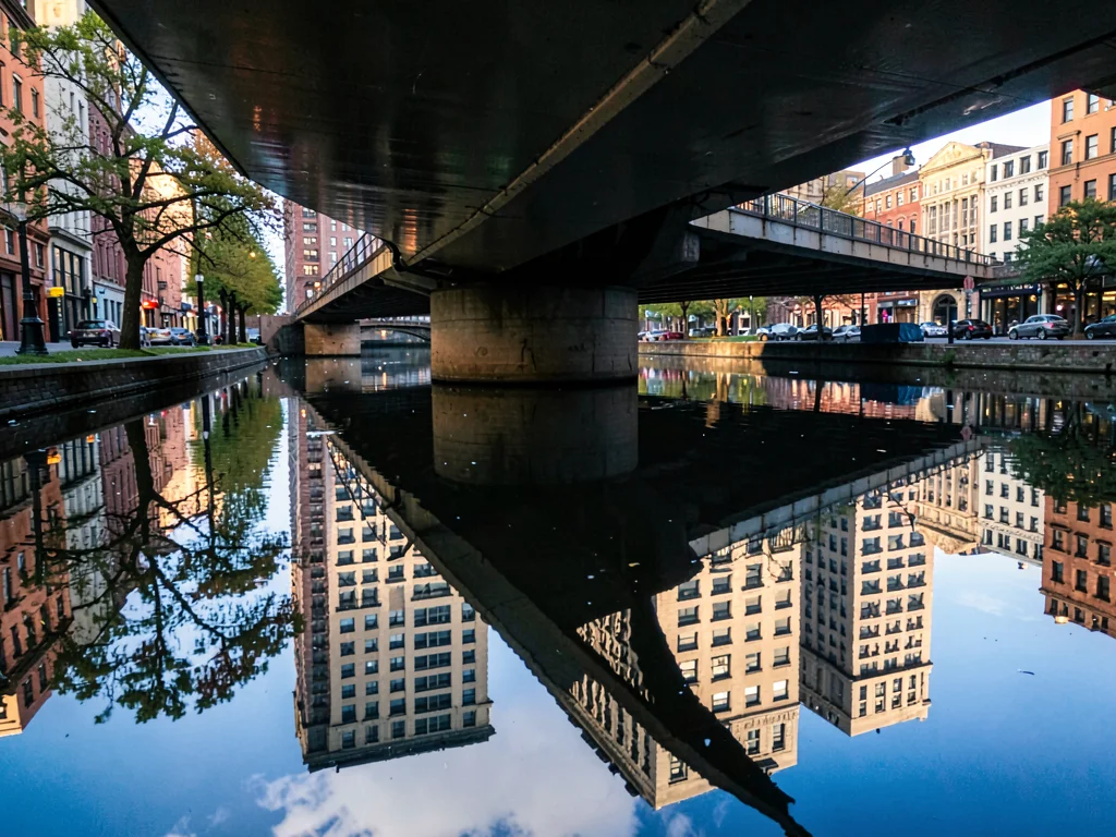 Bridge reflected in urban waterway