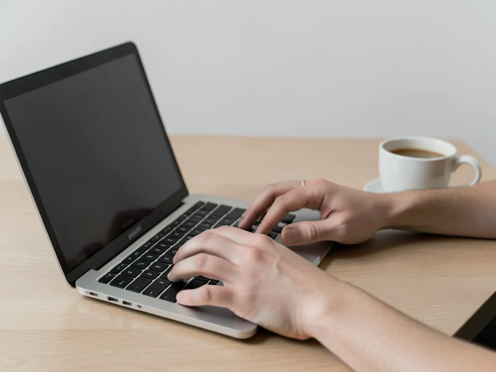 Close-up of hands typing on a laptop keyboard, coffee cup beside it on a wooden 