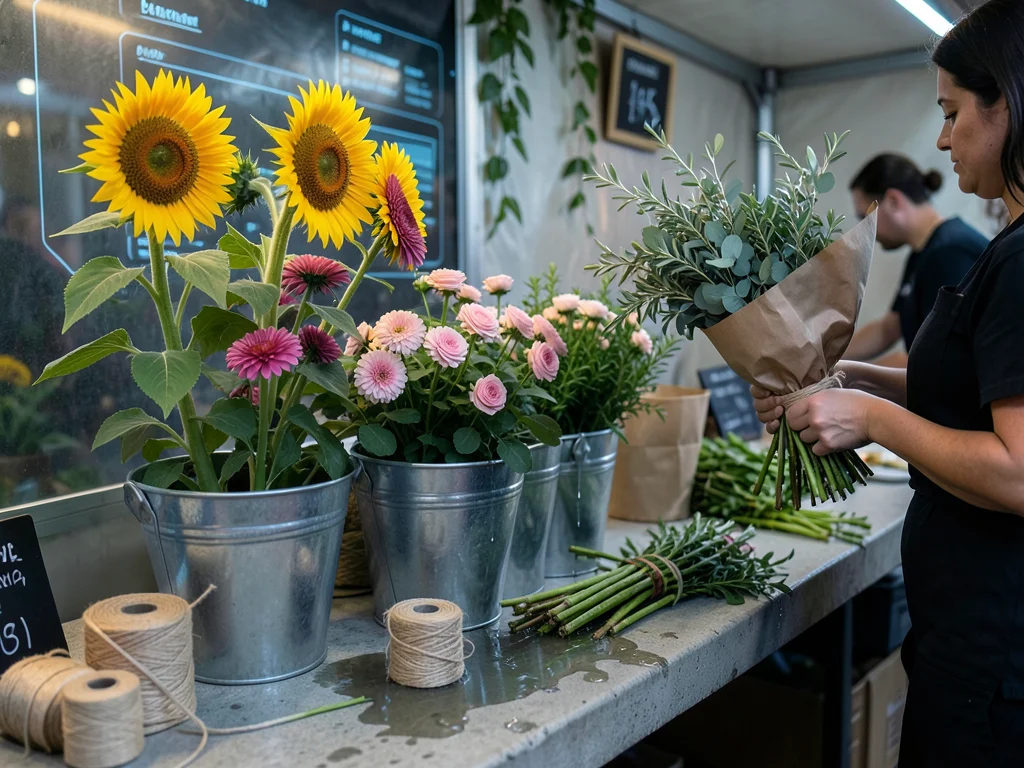 A flower farmer's market stall, metal buckets lining the front filled with seaso