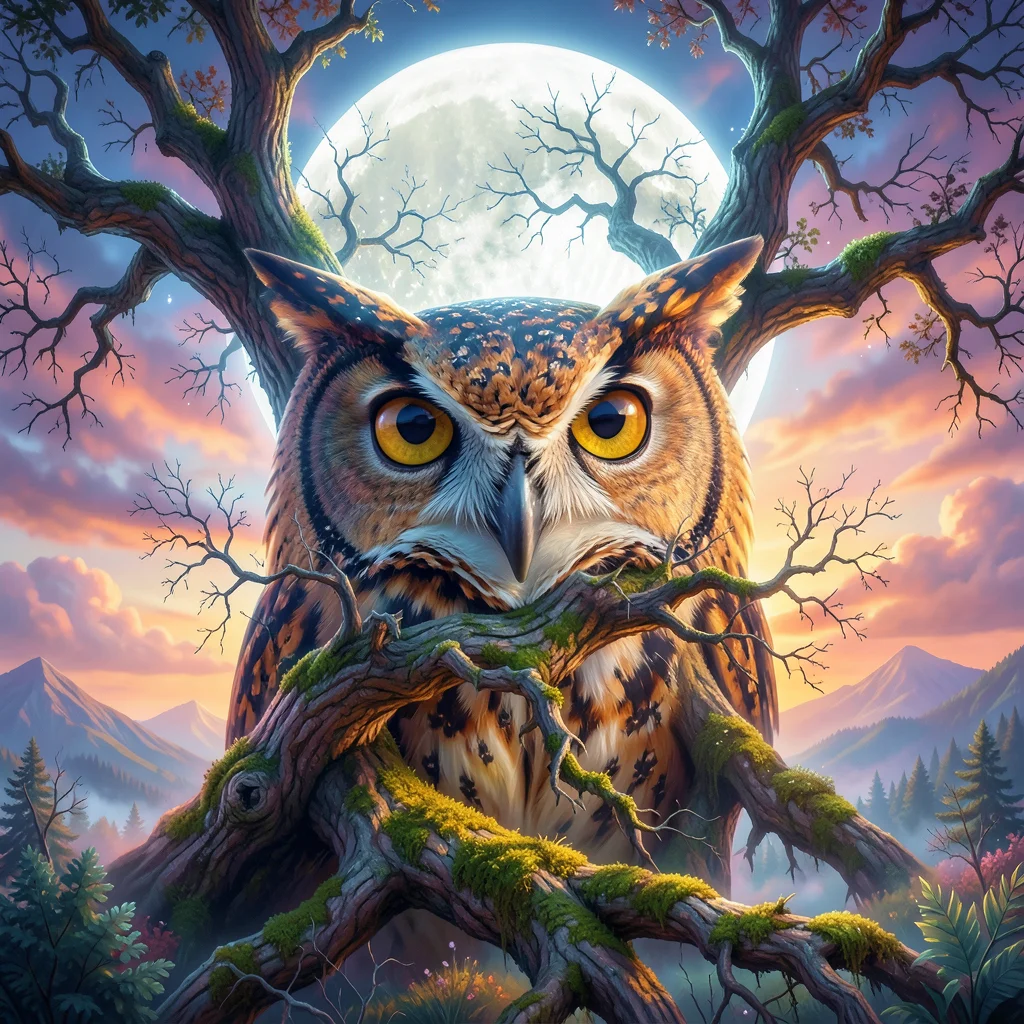 Owl face blended with ancient oak tree branches and full moon, double exposure