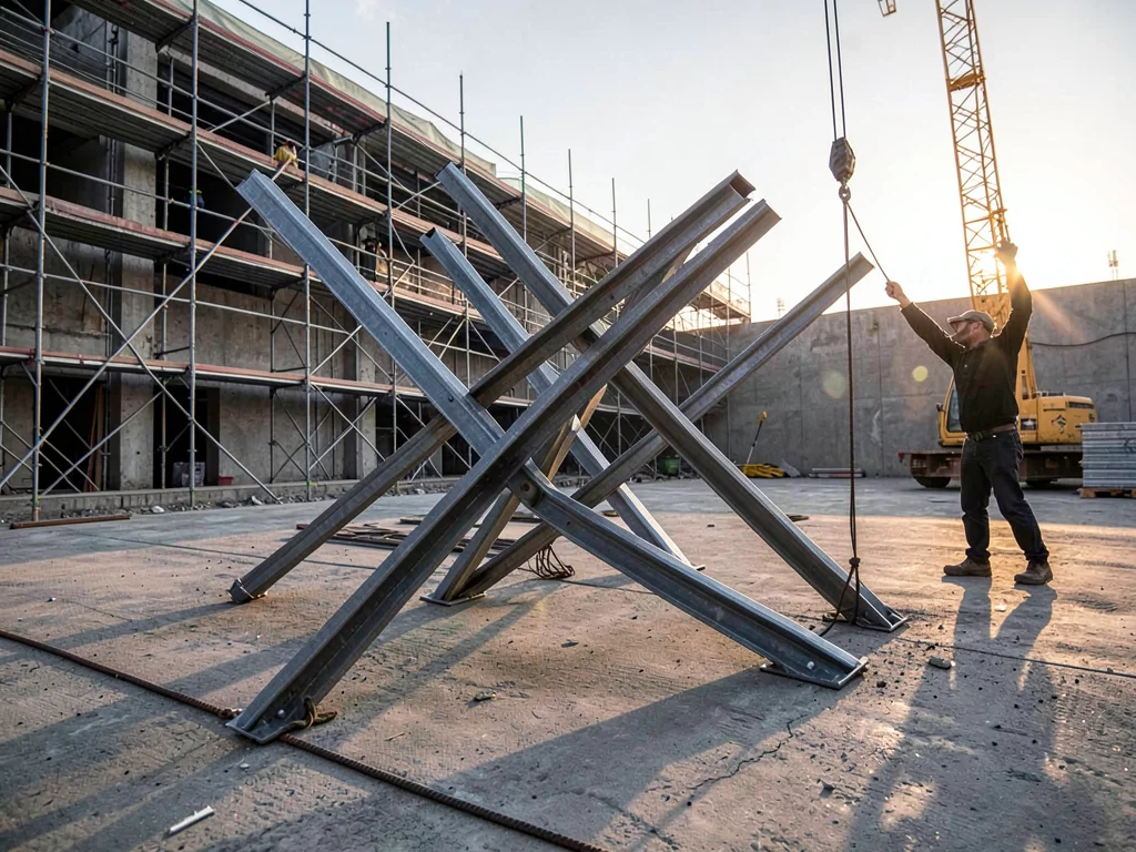 Crossed Beams Freeze — Steel I-Beam Stack