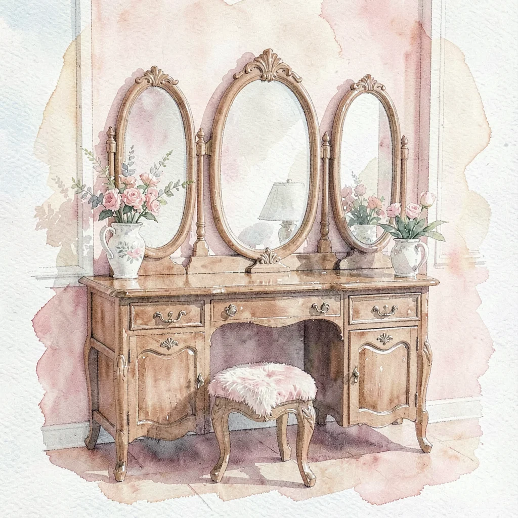 Watercolor of a vintage dressing table with a triple mirror, soft pinks and crea