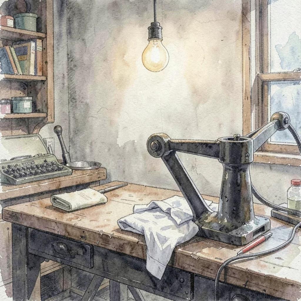 Atmospheric interior of a back-room pressing table with a heavy iron and folded 