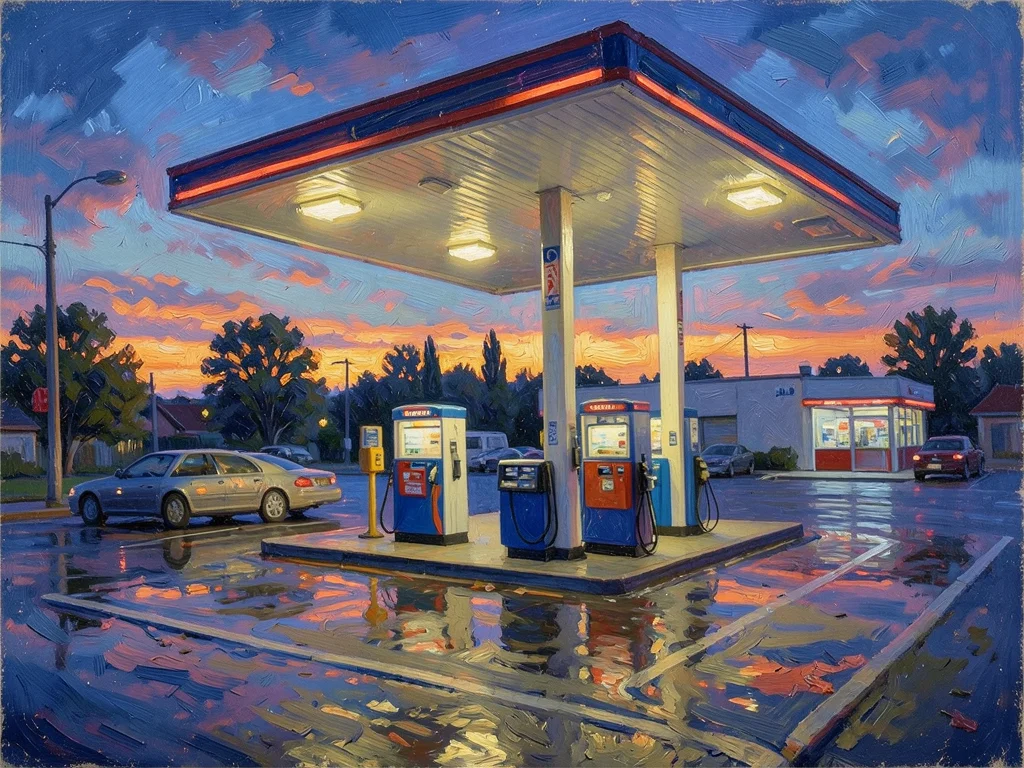 Gas station at dusk rendered in Monet's impressionist brushwork, light halos on 