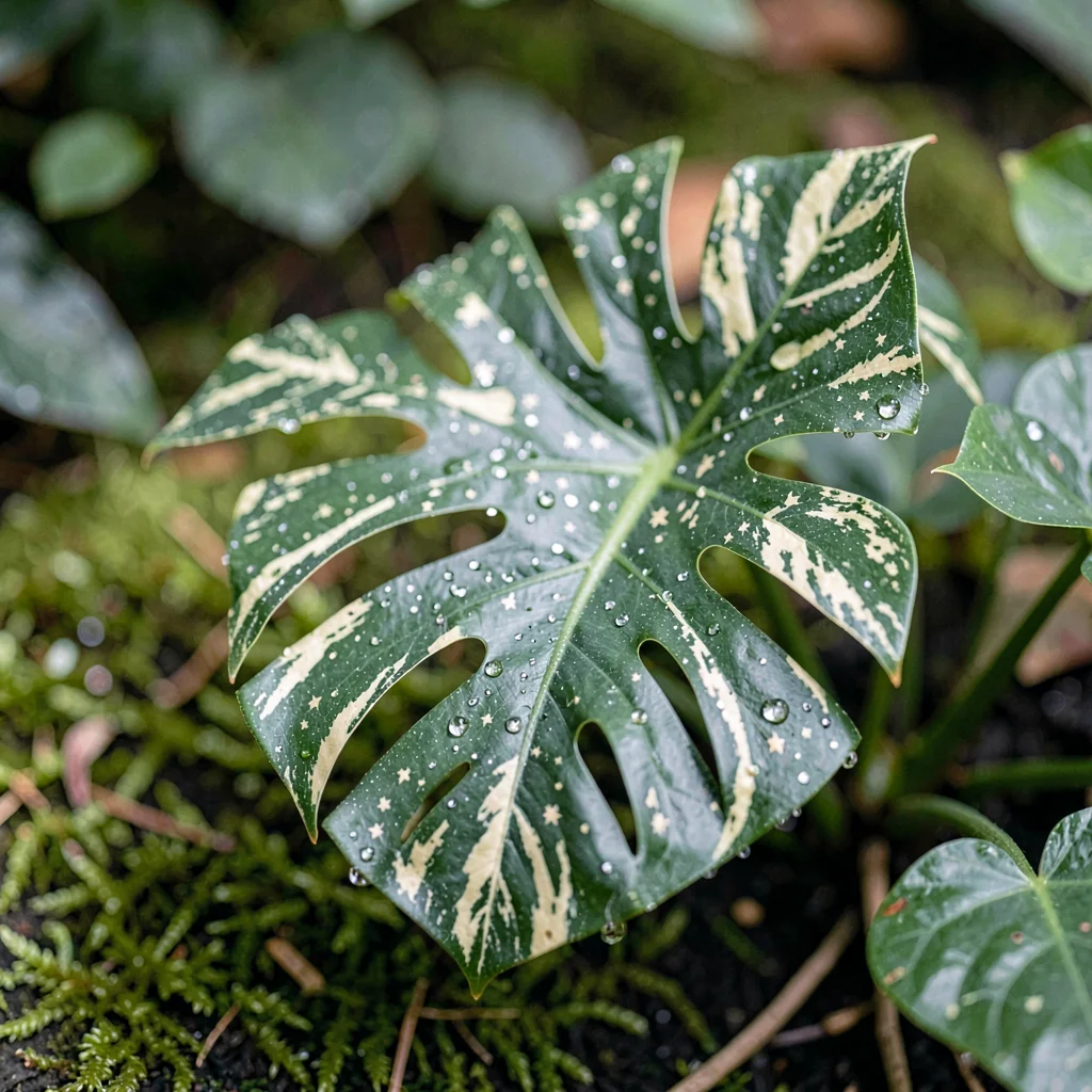 Botanical close-up of a thai constellation monstera with starry cream variegatio