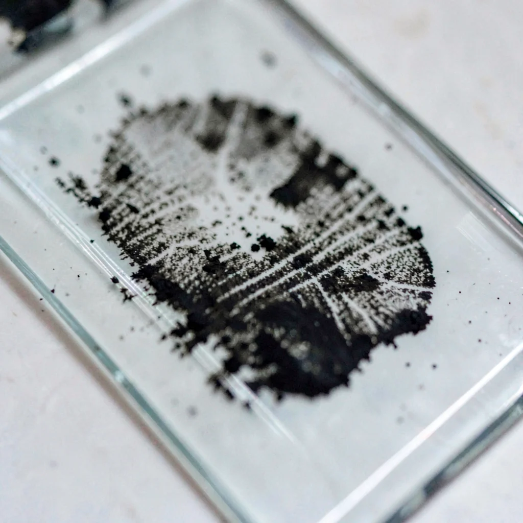 Mineral close-up of dried ink residue on a glass slab, dark with fingerprint smu