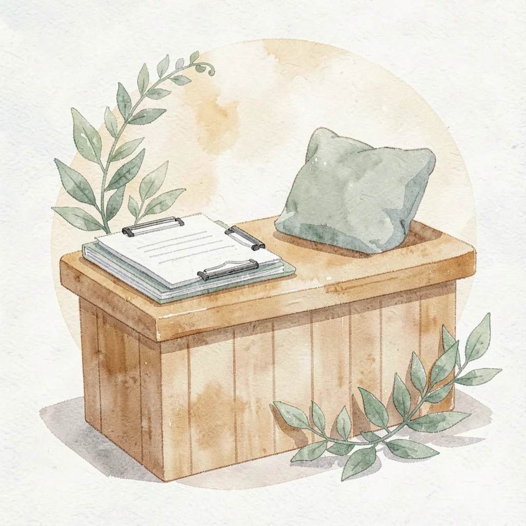 Playful flat-vector tableau of a small clinic counter with stacked clipboards, a
