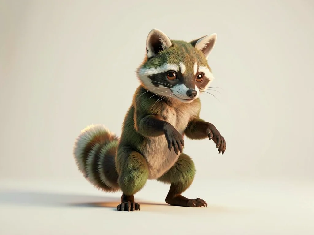 Curious raccoon-thief mid-step on hind legs with forepaws dangling, head cocked 