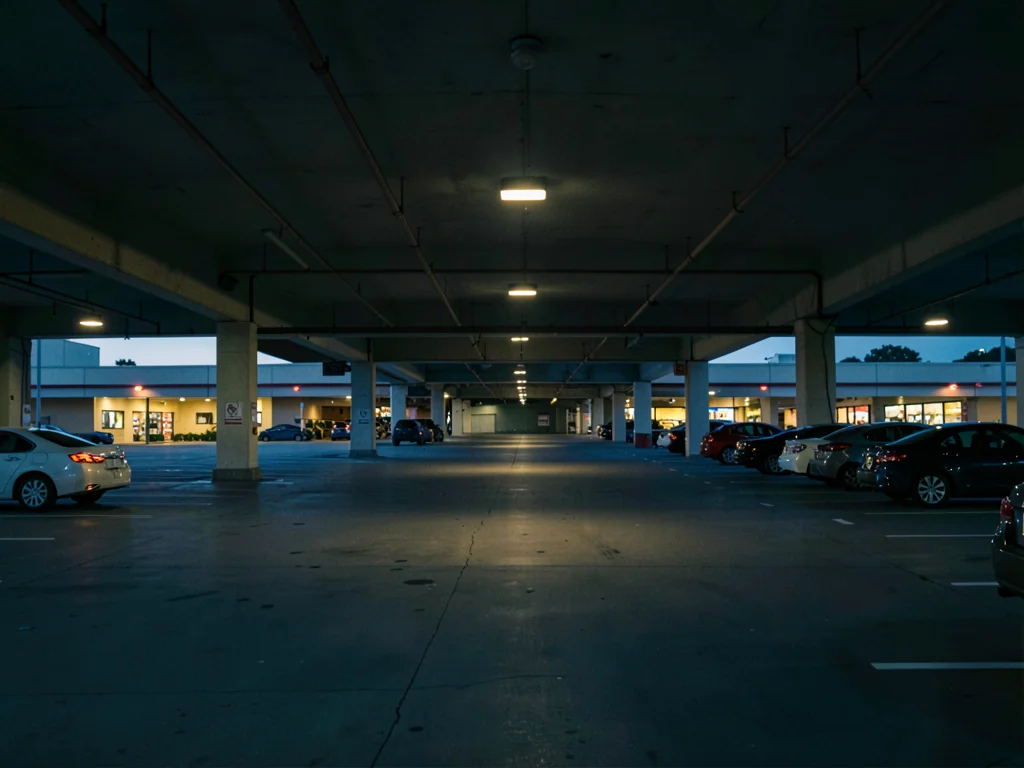 Shopping mall parking structure at dusk, cars sparse, lights buzzing on