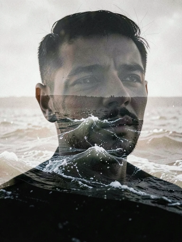 Man's face overlaid with rushing water, the current of constant anxiety