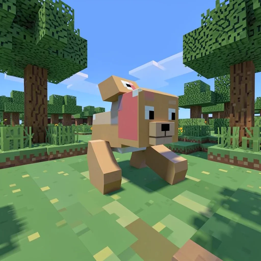 Voxel 3D illustration, cube dog playing in park , cubic voxel construction, bloc