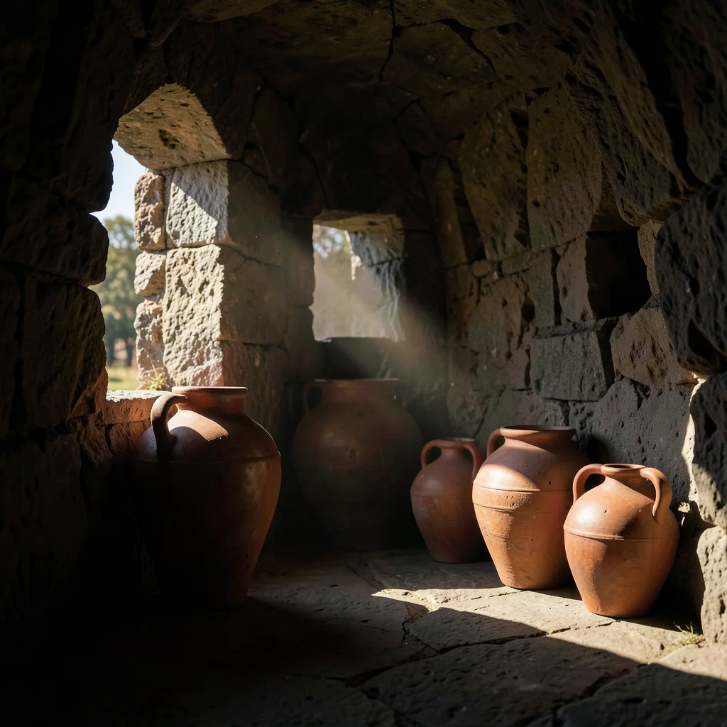 Dramatic natural light streaming through stone openings, deep chiaroscuro shadow